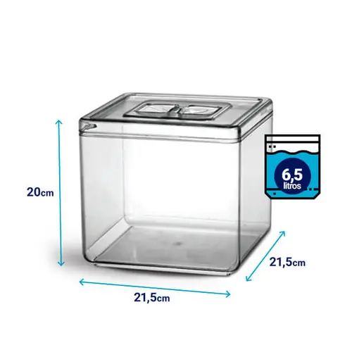 Pote em acrílico p/ granel cereais alimentos 6,5l quadrado c/ tampa