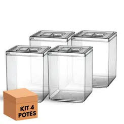 Kit 4 potes em acrílico p/ granel cereais alimentos 10l retangular c/ tampa