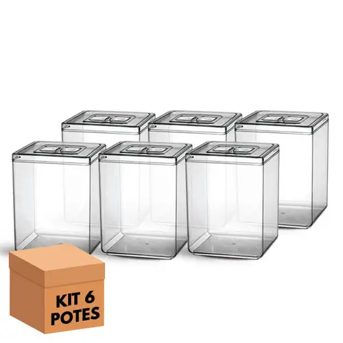 Kit 6 potes em acrílico p/ granel cereais alimentos 10l retangular c/ tampa