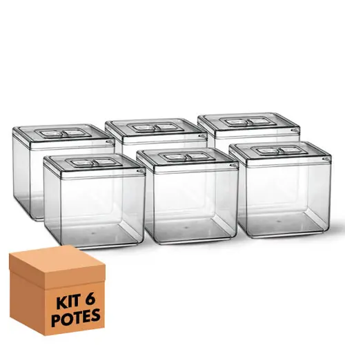 Kit 6 potes em acrílico p/ granel cereais alimentos 6,5l quadrado c/ tampa