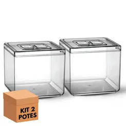 Kit 2 potes em acrílico p/ granel cereais alimentos 6,5l quadrado c/ tampa