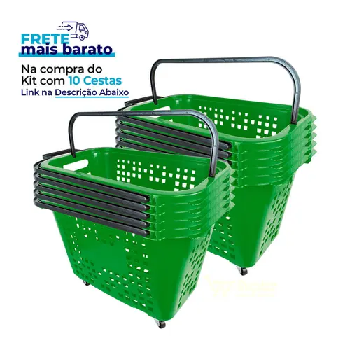 Kit 5 cestas de compras com rodas 40l verde - castellmaq