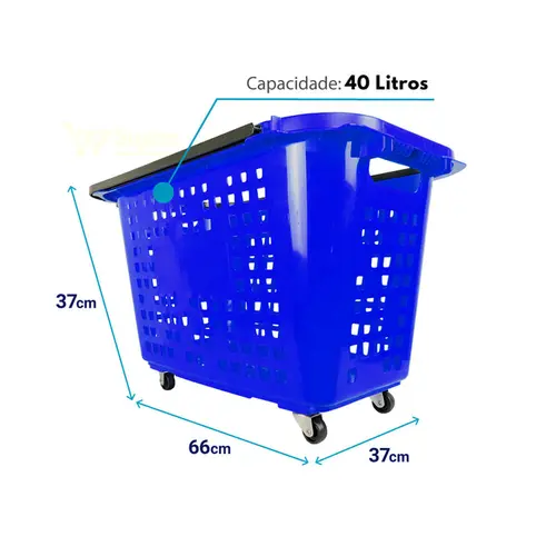 Kit 5 cestas de compras com rodas 40l azul - castellmaq