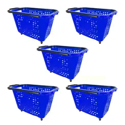 Kit 5 cestas de compras com rodas 40l azul - castellmaq