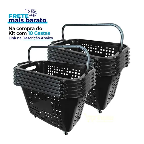 Kit 5 cestas de compras com rodas 40l preta - castellmaq
