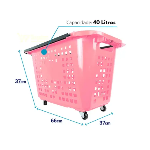 Kit 5 cestas de compras com rodas 40l rosa - castellmaq