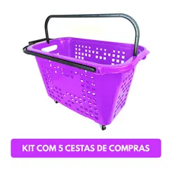 Kit 5 cestas de compras com rodas 40l lilás - castellmaq