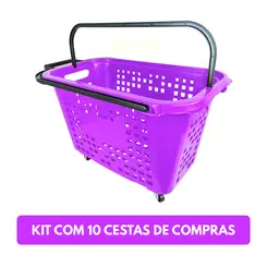 Kit 10 cestas de compras com rodas 40l lilás - castellmaq