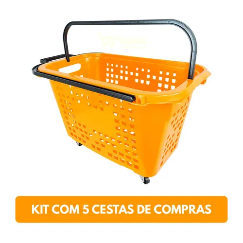 Kit 5 cestas de compras com rodas 40l laranja - castellmaq