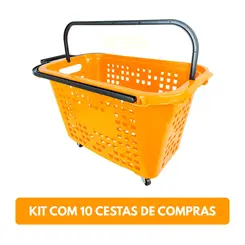 Kit 10 cestas de compras com rodas 40l laranja - castellmaq