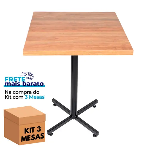 Kit 3 mesas design industrial tampo de madeira noce 60x60 p/ restaurante