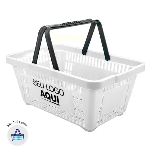 Kit 100 cestas de compras plástica 16l branca personalizadas com silk