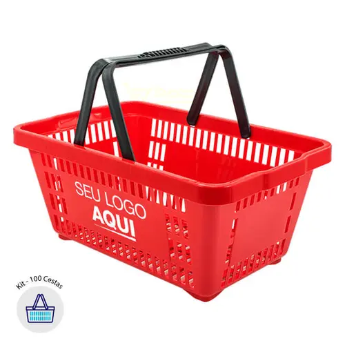 Kit 100 cestas de compras plástica 16l vermelha personalizadas com silk