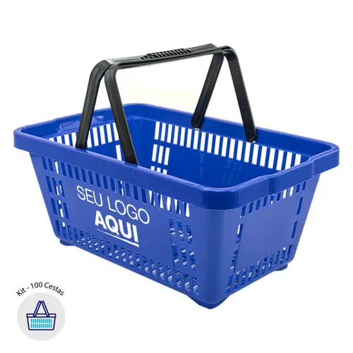 Kit 100 cestas de compras plástica 16l azul personalizadas com silk