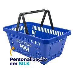 Kit 100 cestas de compras plástica 16l azul personalizadas com silk
