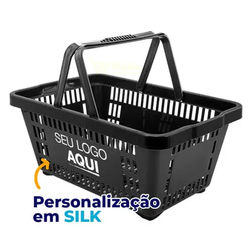 Kit 100 cestas de compras plástica 16l preta personalizadas com silk