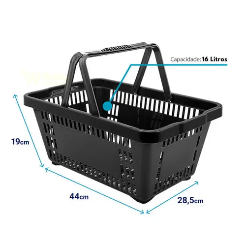 Kit 100 cestas de compras plástica 16l preta personalizadas com silk