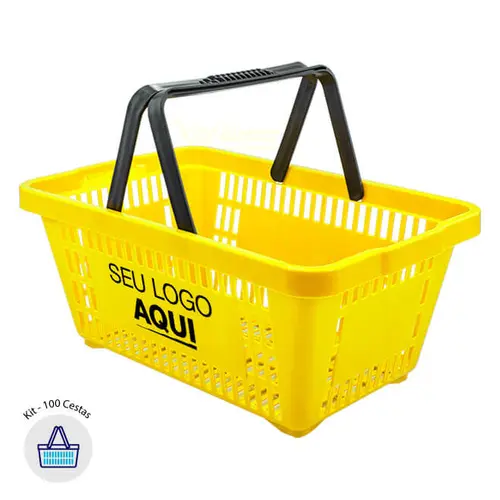 Kit 100 cestas de compras plástica 16l amarela personalizadas com silk