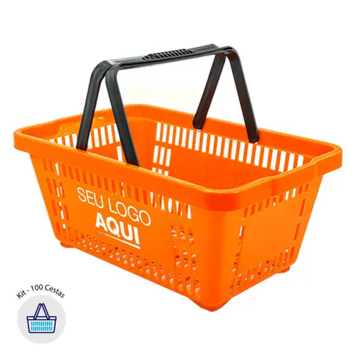 Kit 100 cestas de compras plástica 16l laranja personalizadas com silk