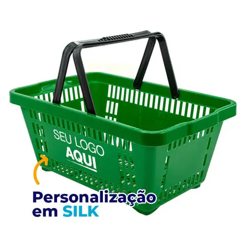 Kit 100 cestas de compras plástica 16l verde personalizadas com silk