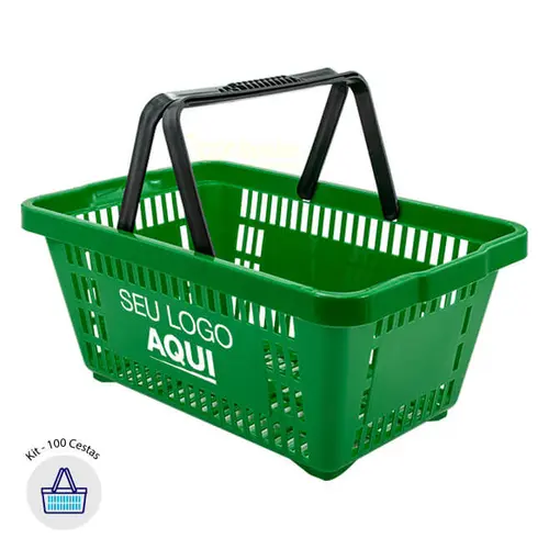 Kit 100 cestas de compras plástica 16l verde personalizadas com silk