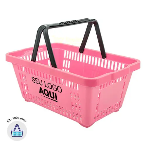 Kit 100 cestas de compras plástica 16l rosa personalizadas com silk