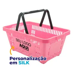 Kit 100 cestas de compras plástica 16l rosa personalizadas com silk