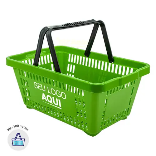 Kit 100 cestas de compras plástica 16l verde cítrico personalizadas com silk