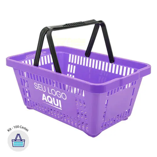Kit 100 cestas de compras plástica 16l lilás com personalização 50% off