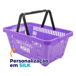 Kit 100 cestas de compras plástica 16l lilás com personalização 50% off