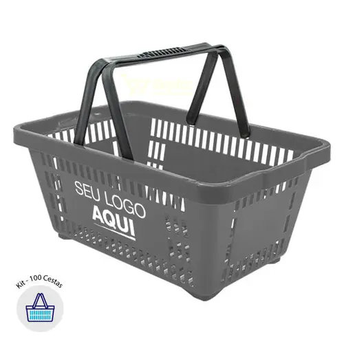 Kit 100 cestas de compras plástica 16l cinza com personalização 50% off