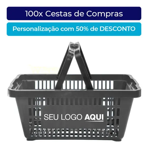 Kit 100 cestas de compras plástica 16l cinza com personalização 50% off