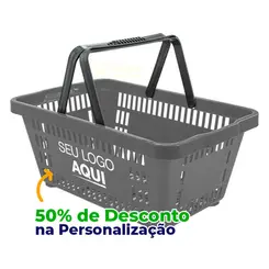 Kit 100 cestas de compras plástica 16l cinza com personalização 50% off