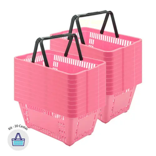 Kit 20 cestas de compras plástica 16l rosa