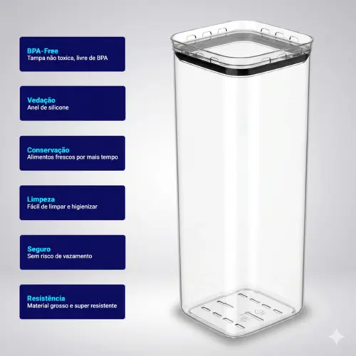 Pote hermético transparente quadrado 2,2l para granel cereais alimentos