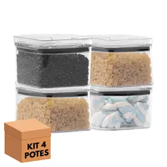 Kit 4 potes hermético transparente quadrado 500ml para granel cereais alimentos