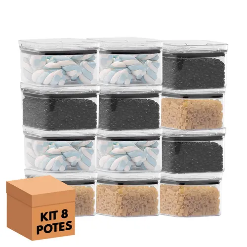 Kit 8 potes hermético transparente quadrado 500ml para granel cereais alimentos