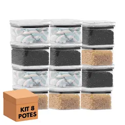 Kit 8 potes hermético transparente quadrado 500ml para granel cereais alimentos