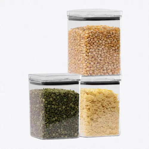 Kit 3 potes hermético transparente quadrado 1l para granel cereais alimentos
