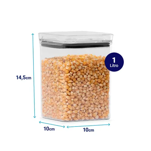 Kit 3 potes hermético transparente quadrado 1l para granel cereais alimentos