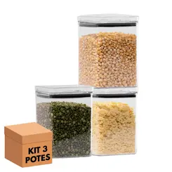 Kit 3 potes hermético transparente quadrado 1l para granel cereais alimentos