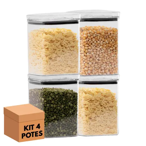 Kit 4 potes hermético transparente quadrado 1l para granel cereais alimentos