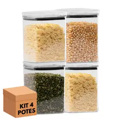 Kit 4 potes hermético transparente quadrado 1l para granel cereais alimentos
