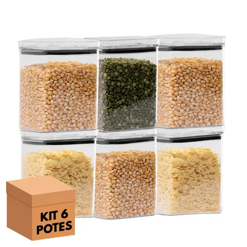 Kit 6 potes hermético transparente quadrado 1l para granel cereais alimentos