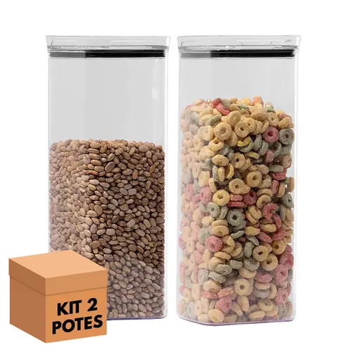 Kit 2 potes hermético transparente quadrado 2,2l para granel cereais alimentos