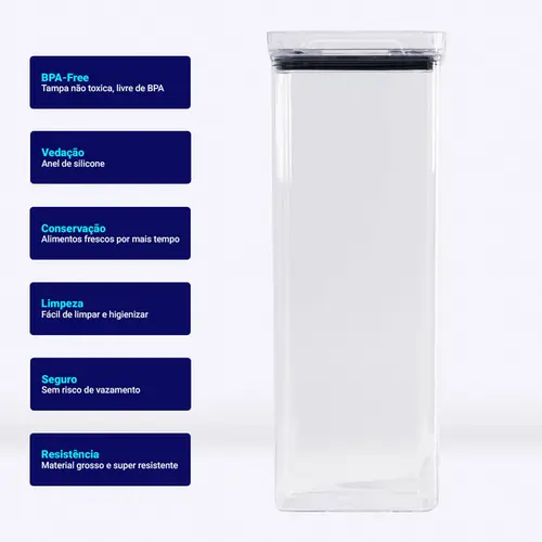 Kit 2 potes hermético transparente quadrado 2,2l para granel cereais alimentos