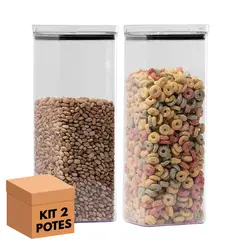Kit 2 potes hermético transparente quadrado 2,2l para granel cereais alimentos