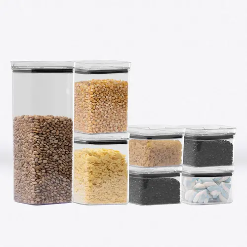 Kit 7 potes hermético transparente quadrado para porta mantimento cozinha