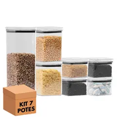 Kit 7 potes hermético transparente quadrado para porta mantimento cozinha