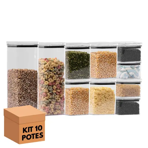 Kit 10 potes hermético transparente quadrado para porta mantimento cozinha